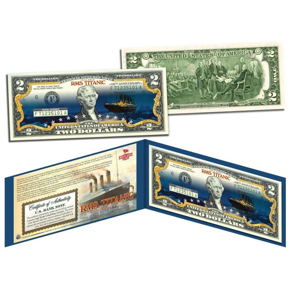 RMS Titanic Commemorative $2 Bill in Blue Display. Authentic U.S. $2 bill
